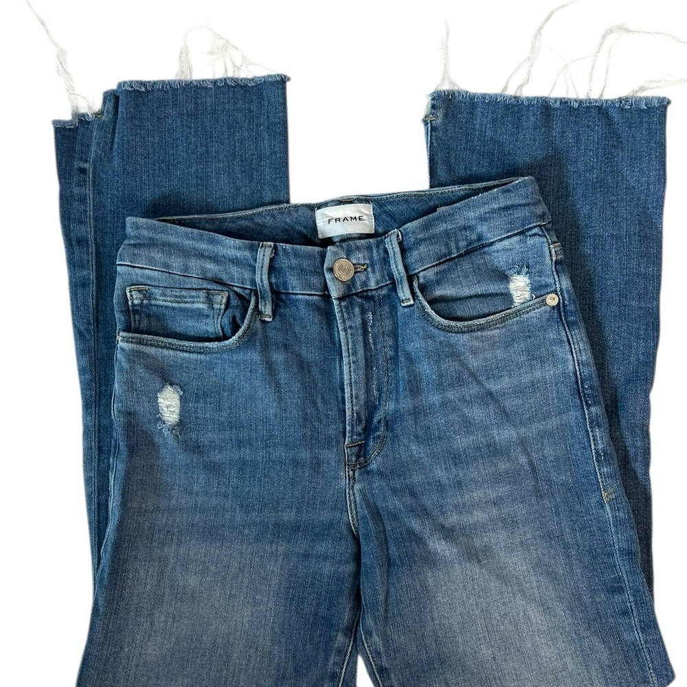 FRAME Le Crop Mini Boot Jeans Size 28 High Rise Distressed Raw Hem Blue